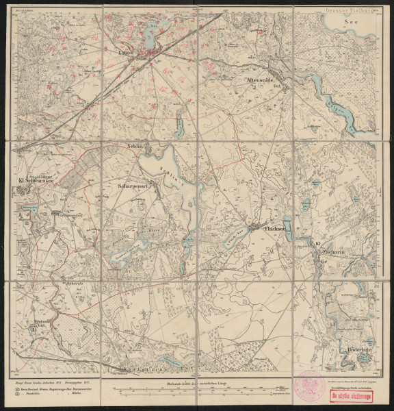 Mapa drukowana 1068 Neblin III - Ujęcie z przodu; Mapę 1068 Neblin III opracowano w 1875, a wydano w 1877 roku. Obejmuje obszar w pobliżu miejscowości Neblin, Kreis Neustettin, Reg. Bez. Köslin, Prov. Pommern, dziś Nobliny, pow. szczecinecki, woj. zachodniopomorskie, Polska. Jest jednym z dwóch zachowanych egzemplarzy arkusza przedwojennej mapy topograficznej oznaczonego godłem 1068, zawierającym dane o lokalizacji obiektów i ich nazw w zasobie archiwalnym Flurnamen Sammlung. Na drukowanej mapie ręcznie naniesiono warstwę z numeracją obiektów fizjograficznych odnoszących się do miejscowości: Lubow, dziś Łubowo.
