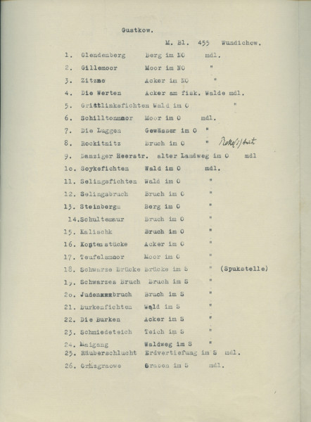 Flurnamen Sammlung - Powiat Bytów - Ujęcie jednej ze stron spisu maszynowego. Pożókła karta spisu maszynowego z 26 pozycjami z nazwami w języku niemieckim. Przy 8 pozycji odręczny dopisek piórem również w języku niemieckim.