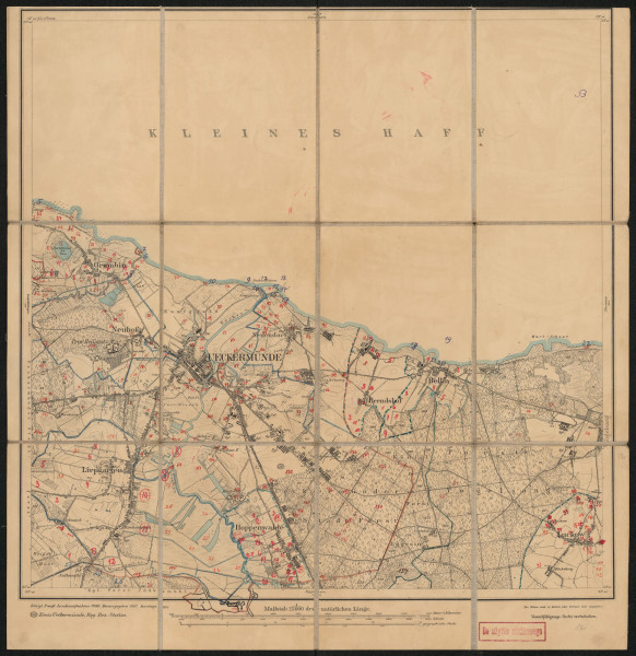 Mapa drukowana 861 Ueckermünde I - Ujęcie z przodu; Mapę 861 Ueckermünde I opracowano w 1886, wydano w 1887, a skorygowano w 1911 roku. Obejmuje obszar w pobliżu miejscowości Ueckermünde, Kreis Ueckermünde, Reg. Bez. Stettin, Prov. Pommern, dziś Kreis Vorpommern-Greifswald, Bundesland Mecklenburg-Vorpommern, Niemcy. Jest jedynym zachowanym egzemplarzem arkusza przedwojennej mapy topograficznej oznaczonego godłem 861, zawierającym dane o lokalizacji obiektów i ich nazw w zasobie archiwalnym Flurnamen Sammlung. Na drukowanej mapie ręcznie naniesiono warstwę z numeracją obiektów fizjograficznych odnoszących się do miejscowości: Grambin, Neuhof, Ueckermünde, Berndshof, Bellin, Liepgarten, Hoppenwalde, Luckow.