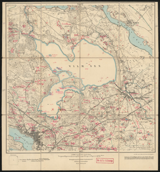 Mapa drukowana 877 Neustettin I - Ujęcie z przodu; Mapę 877 Neustettin I opracowano i wydano w 1877, a dodrukowano w 1928 roku. Obejmuje obszar w pobliżu miejscowości Neustettin, Kreis Neustettin, Reg. Bez. Köslin, Prov. Pommern, dziś Szczecinek, pow. szczecinecki, woj. zachodniopomorskie, Polska. Jest jedynym egzemplarzem arkusza przedwojennej mapy topograficznej oznaczonego godłem 874, zawierającym dane o lokalizacji obiektów i ich nazw w zasobie archiwalnym Flurnamen Sammlung. Na drukowanej mapie ręcznie naniesiono warstwę z numeracją obiektów fizjograficznych odnoszących się do miejscowości: Sparsee, dziś Spore; Kl. Dallenthin, dziś Dalęcinko; Dolgen, dziś Dołgie; Gr., Kl. Küdde, dziś Gwda Wielka, Mała; Galow, dziś Gałowo; Neustettin.