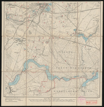 Mapa drukowana 1333 Kallies II - Ujęcie z przodu; Mapę 1333 Kallies II opracowano i wydano w 1876, a dodrukowano w 1919 roku. Obejmuje obszar w pobliżu miejscowości Kallies, Kreis Dramburg, Reg. Bez. Köslin, Prov. Pommern, dziś Kalisz Pomorski, pow. drawski, woj. zachodniopomorskie, Polska. Jest jedynym zachowanym egzemplarzem arkusza przedwojennej mapy topograficznej oznaczonego godłem 1333, zawierającym dane o lokalizacji obiektów i ich nazw w zasobie archiwalnym Flurnamen Sammlung. Na drukowanej mapie ręcznie naniesiono warstwę z numeracją obiektów fizjograficznych odnoszących się do miejscowości: Kallies; Balster, dziś Biały Zdrój; Denzig, dziś Dębsko.