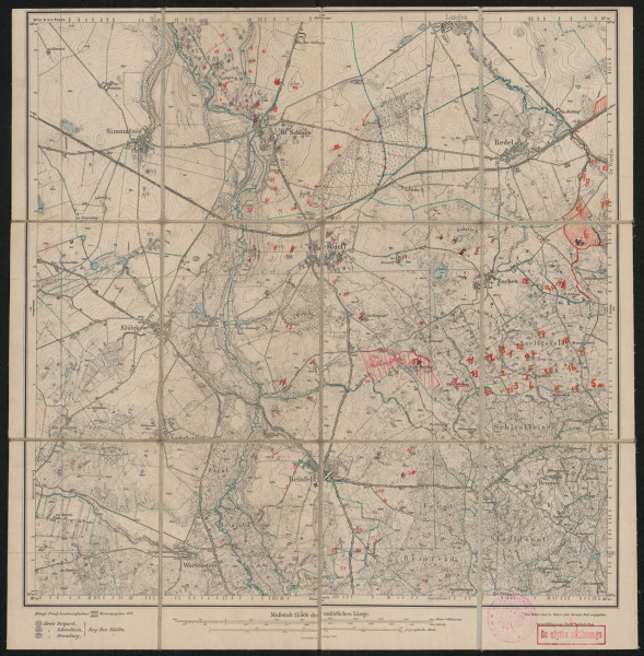 drukowana mapa 872 Reinfeld 0 - Ujęcie z przodu; Mapę 872 Reinfeld 0 opracowano w 1889/1909, wydano w 1911, a północną połowę skorygowano w 1909 roku. Obejmuje obszar w pobliżu miejscowości Reinfeld, Kreis Schivelbein, Reg. Bez. Köslin, Prov. Pommern, dziś Bierzwnica, pow. świdwiński, woj. zachodniopomorskie, Polska. Jest jednym z trzech zachowanych egzemplarzy arkusza przedwojennej mapy topograficznej oznaczonego godłem 872 (ale inne wydanie), zawierającym dane o lokalizacji obiektów i ich nazw w zasobie archiwalnym Flurnamen Sammlung. Na drukowanej mapie ręcznie naniesiono warstwę z numeracją obiektów fizjograficznych odnoszących się do miejscowości: Simmatzig, dziś Smardzko; Alt Schlage, dziś Sława; Gr. Wardin, dziś Wardyń Górny; Ziezeneff, dziś Cieszeniewo; Zuchen, dziś Sucha; Reinfeld.