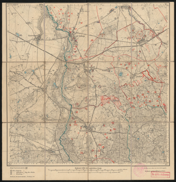 Mapa drukowana 872 Reinfeld II - Ujęcie z przodu; Mapę 872 Reinfeld II opracowano i wydano w 1889/1909, a skorygowano w 1924 roku. Obejmuje obszar w pobliżu miejscowości Reinfeld, Kreis Schivelbein, Reg. Bez. Köslin, Prov. Pommern, dziś Bierzwnica, pow. świdwiński, woj. zachodniopomorskie, Polska. Jest jednym z trzech zachowanych egzemplarzy arkusza przedwojennej mapy topograficznej oznaczonego godłem 872 (ale inne wydanie), zawierającym dane o lokalizacji obiektów i ich nazw w zasobie archiwalnym Flurnamen Sammlung. Na drukowanej mapie ręcznie naniesiono warstwę z numeracją obiektów fizjograficznych odnoszących się do miejscowości: Simmatzig, dziś Smardzko; Alt Schlage, dziś Sława; Langen, dziś Łęgi; Redel, dziś Redło; Ziezeneff, dziś Cieszeniewo; Zuchen, dziś Sucha; Reinfeld.