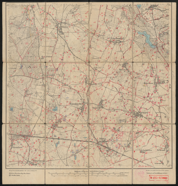 Mapa drukowana 1148 Kreckow I.II - Ujęcie z przodu; Mapę 1148 Kreckow I.II opracowano i wydano w 1886, a dodrukowano w 1921 roku. Obejmuje obszar w pobliżu miejscowości Kreckow, Stadtkreis Stettin, Reg. Bez. Stettin, Prov. Pommern, dziś Krzekowo (część Szczecina – miasta na prawach powiatu), woj. zachodniopomorskie, Polska. Jest jedynym zachowanym egzemplarzem arkusza przedwojennej mapy topograficznej oznaczonego godłem 1148, zawierającym dane o lokalizacji obiektów i ich nazw w zasobie archiwalnym Flurnamen Sammlung. Na drukowanej mapie ręcznie naniesiono warstwę z numeracją obiektów fizjograficznych odnoszących się do miejscowości: Böck, dziś Buk; Daber, dziś Dobra (Szczecińska); Alt, Neu Lienken, dziś Linki; Völschendorf, dziś Wołczkowo; Polchow, dziś Pilchowo; Brunn, dziś Bezrzecze; Grenzdorf, Grambow, Schwennenz (wszystkie Niemcy); Neuenkirchen, dziś Dołuje; Wamlitz, dziś Wąwelnica; Sparrenfelde, dziś Skarbimierzyce; Kreckow; Möringen, dziś Mierzyn; Köstin, dziś Kościno; Stöven, dziś Stobno; Prilipp, dziś Przylep; Schadeleben, dziś Ostoja; Scheune, dziś Gumieńce.