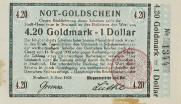 bon - Ujęcie strony głównej bez poddruku. Jednostronny bon o nominałe 4,20 złotej marki = 1 dolar, z błękitnym poddrukiem, czarnymi napisami i bordową pieczęcią.