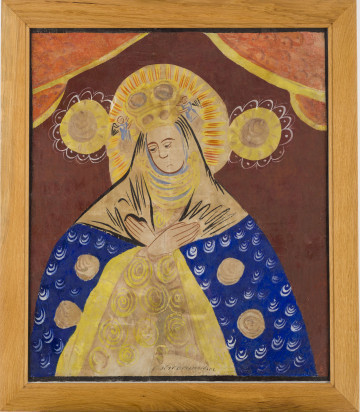 Obraz wykonany temperą na papierze, lakierowany, przedstawiający Matkę Boską Ostrobramską. Oprawiony w drewniane ramki za szkłem.

Konserwacja: 1984 r.