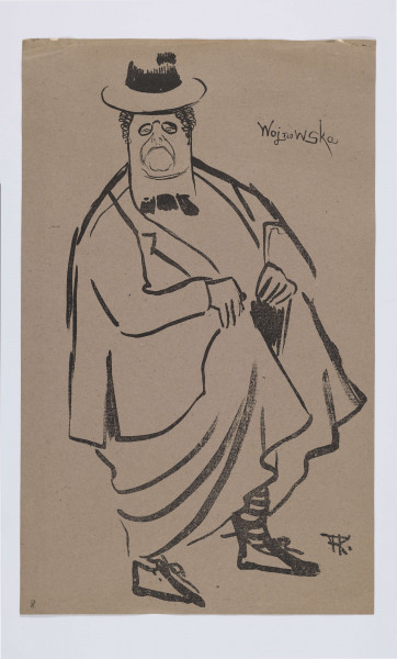 S/G/962/ML - Karykatura - portret aktorki Pauliny Wojnowskiej. Ujęta całopostaciowo, głowa en face, tułów 3/4 w prawo. Ubrana w długi płaszcz, który podtrzymuje prawą dłonią, w lewej parasol. Na głowie kapelusz, pod szyją mucha. 
