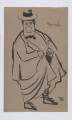 S/G/962/ML - Karykatura - portret aktorki Pauliny Wojnowskiej. Ujęta całopostaciowo, głowa en face, tułów 3/4 w prawo. Ubrana w długi płaszcz, który podtrzymuje prawą dłonią, w lewej parasol. Na głowie kapelusz, pod szyją mucha. 
