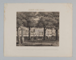 S/G/501/ML - Widok pałacu Marynki w Puławach zbudowanego dla księżnej Marii Wirtemberskiej. Wzniesiony wg proj. Aignera w latach 1791-96 w stylu klasycystycznym. Na pierwszym planie fragment parku z centralnie przedstawionym konnym wozem, powożonym przez mężczyznę, przy murze parkowym dwie kobiety. Pałac w oddali, widoczny zza drzew, dziewięcioosiowy,  jednopiętrowy z kolumnowym portykiem wgłębnym na osi. Na fryzie portyku napis: 
