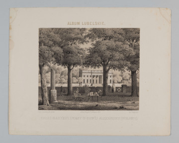 S/G/501/ML - Widok pałacu Marynki w Puławach zbudowanego dla księżnej Marii Wirtemberskiej. Wzniesiony wg proj. Aignera w latach 1791-96 w stylu klasycystycznym. Na pierwszym planie fragment parku z centralnie przedstawionym konnym wozem, powożonym przez mężczyznę, przy murze parkowym dwie kobiety. Pałac w oddali, widoczny zza drzew, dziewięcioosiowy,  jednopiętrowy z kolumnowym portykiem wgłębnym na osi. Na fryzie portyku napis: 