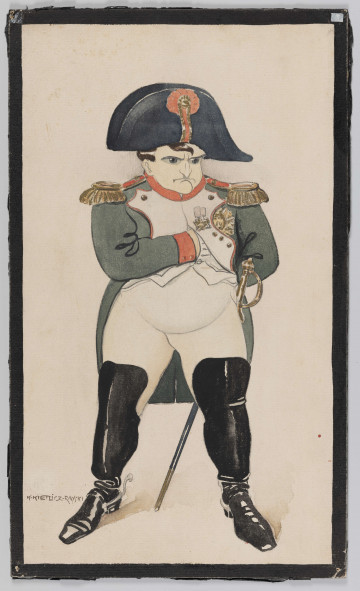S/G/102/ML - Pełnopostaciowa karykatura Napoleona Bonaparte. Ukazany w pozycji stojącej, w rozkroku, głowa 3/4 w prawo. Prawa dłoń ukryta za połą munduru, lewa ręka za plecami. Twarz o przerysowanych cechach - duże oczy o groźnym spojrzeniu, ostro zakończony nos, wystający podbródek. Na czole kosmyk włosów wystający spod kapelusza typu bicorne. Ubrany w szaro-zielony mundur z czerwoną stójką i mankietami, na ramionach złote epolety. Obcisłe, białe spodnie, czarne, wysokie buty z ostrogami. Na piersi dwa ordery. Przy lewym boku złota szpada. Rysunek wydobyty czarnym konturem, partie kolorowe pokryte jednolitą plamą. Schematycznie zaznaczony światłocień.
