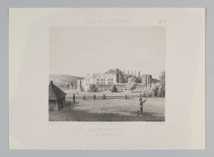 S/G/510/ML - Widok zamku w Krupem. Zamek w głębi kompozycji, na pierwszym planie rozległa łąka, na której dwaj koszący trawę mężczyźni. Po lewej kryta strzechą drewniana chata. Zamek w kształcie czworoboku z dwoma skrzydłami mieszkalnymi ustawionymi prostopadle, będącymi jednocześnie częścią murów obwodowych. Skrzydło zamkowe z dwoma rzędami prostokątnych okien, zwieńczone attyką, w narożu fragmentarycznie zachowana basteja(?). 
