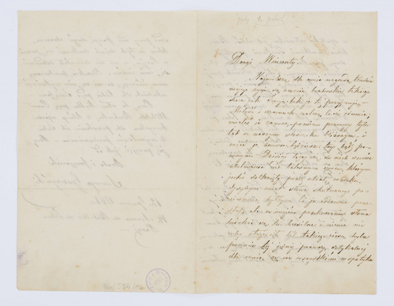 List Seweryna Goszczyńskiego do Wincentego Pola z 12.12.1868 r., sporządzony na trzech stronach, na bardzo cienkim papierze. Pismo czytelne, pochylone na prawo.