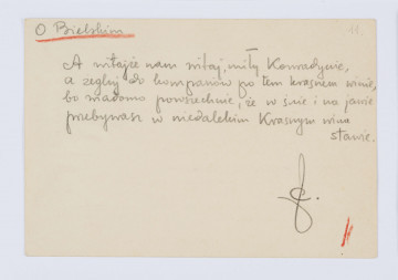 Rękopis Józefa Czechowicza, tekst zapisany czarnym ołówkiem na odwrocie kartonika (wym. 10 x 15 cm), na którym po stronie recto znajduje się drukowany formularz zaproszenia na 