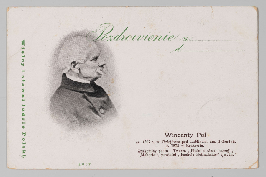 MPol/180/ML - Karta pocztowo-korespondencyjna z wizerunkiem Wincentego Pola z profilu - 