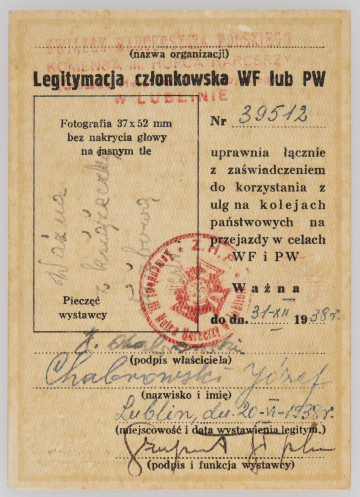 ML/MART/205 - Legitymacja o numerze 39512 Związku Harcerstwa Polskiego wydana na nazwisko Chabrowski Józef, legitymacja ważna do dnia 31 XII 1938 r.