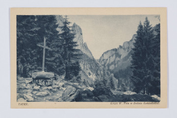 MPol/395/ML - Pocztówka prostokątna przedstawiająca krzyż W. Pola w Dolinie Kościeliskiej w Tatrach. Po lewej stronie krzyż na postumencie z płaskiego kamienia. Po lewej i prawej stronie drzewa iglaste, w tle nagie szczyty górskie. Karta na odwrocie czysta, niewykorzystana do korespondencji.