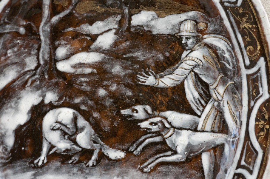 detal awersu - scena myśliwska, w której dościgane przez myśliwskie psy zwierzę (bóbr?), odgryza własne genitalia, pragnąc w ten sposób zatrzymać pościg