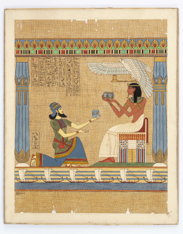 Ilustracja przedstawia spotkanie faraona z kupcem fenickim prezentującym naczynia chińskie. Ramzes XIII na tronie ukazany jest z prawej strony. Ponad jego głową czuwa sokół, symbol boga Horusa. Z lewej strony - kupiec przyklęka na jedno kolano i unosi jedno z naczyń. Poniżej dekoracyjny pas w formie rzeki, po której płyną statki.   