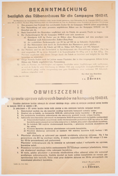 H/517/MRK/ML - Obwieszczenie w sprawie uprawy cukrowych buraków na kampanię 1940/41. Afisz drukowany na pożółkłym papierze. Tekst dwujęzyczny (po niemiecku i po polsku). Wydane przez szefa dystrylktu lubelskiego.