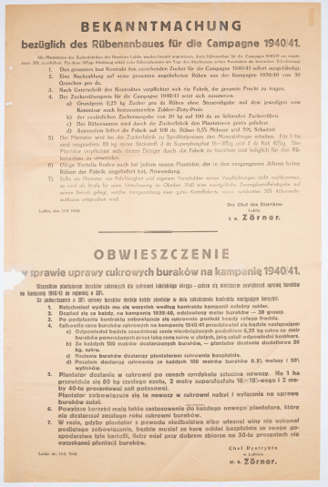 H/517/MRK/ML - Obwieszczenie w sprawie uprawy cukrowych buraków na kampanię 1940/41. Afisz drukowany na pożółkłym papierze. Tekst dwujęzyczny (po niemiecku i po polsku). Wydane przez szefa dystrylktu lubelskiego.