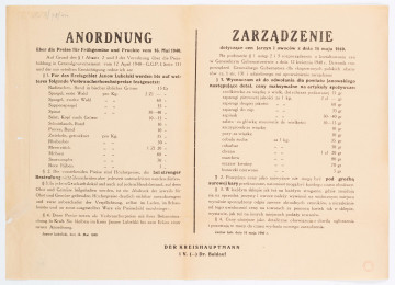 H/509/MRK/ML - Zarządzenie dotyczące cen jarzyn i owoców. Afisz drukowany na beżowym papierze. Tekst dwujęzyczny (niemiecko-polski). Zarządzenie wydane przez starostę (Kreishauptmann) Dr Baldaufa.