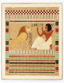 Ilustracja przedstawia spotkanie mężczyzny z lwem. Po prawej stronie przykucnięty młody mężczyzna unosi otwarte dłonie w kierunku lwa, który siedzi po lewej stronie kompozycji. W tle hieroglify i ornamenty geometryczne. 