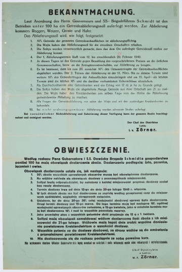H/521/MRK/ML - Obwieszczenie o obowiązkowych dostawach (kontyngentach). Afisz drukowany na zielonym papierze. Tekst dwujęzyczny (po niemiecku i po polsku). Podpisane przez Szefa Dystryktu Lublin Zornera.