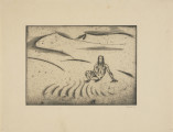 Ujęcie z przodu w oddaleniu. Nagi mężczyzna, ascetycznie wychudzony, siedzi na piasku pustyni podpierając się dłońmi. Otaczające go wydmy wypełniają cały kadr grafiki.