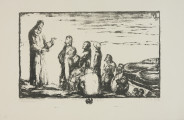 Ujęcie z przodu w oddaleniu. Scena ukazuje Jezusa stojącego na szczycie góry, wygłaszającego kazanie do grupy ludzi stojących poniżej, na zboczu.