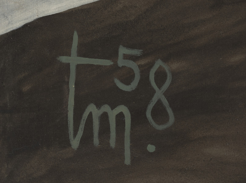 Partyzanci - detal; ujęcie fragmentu obrazu; na ciemnobrązowym widoczna sygnatura autora zapisana szarym kolorem farby tm.58