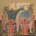 scena rodzajowa; Czerwone fotele - ujęcie z przodu; We wnętrzu sylwety ujętych od tyłu postaci siedzących w linearnie opisanych czerwonych fotelach. Siedzący po lewej mężczyzna obejmuje ramionami kobietę po prawej i postać po lewej. Na dalszym planie pod górną krawędzią obrazu stół, na nim butelka i kieliszek, przy bocznych krawędziach stołu trzy postaci, a na wprost nad stołem trzy okrągłe głowy.