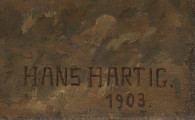 Pejzaż - detal; Sygnatura w prawym dolnym rogu. Brązowy ciemny napis na sano-brązowym tle: HANS HARTIG 1903