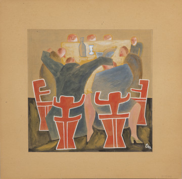 scena rodzajowa; Czerwone fotele - ujęcie z przodu; We wnętrzu sylwety ujętych od tyłu postaci siedzących w linearnie opisanych czerwonych fotelach. Siedzący po lewej mężczyzna obejmuje ramionami kobietę po prawej i postać po lewej. Na dalszym planie pod górną krawędzią obrazu stół, na nim butelka i kieliszek, przy bocznych krawędziach stołu trzy postaci, a na wprost nad stołem trzy okrągłe głowy. Na około obrazu pamarańczowe paspartoo.