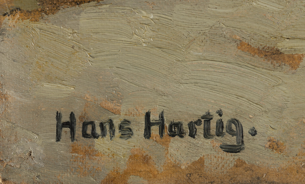 Pejzaż miejski ze sztafażem - detal; Fragment obrazu z sygnaturą, czarny napis na jasno-beżowym tle: Hans Hartig.