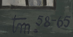 bez tytułu - detal; Widok na fragment obrazu. Na ciemnozielono-granatowym tle sygnatura autora, zapisana granatową farbą tm. 58-65