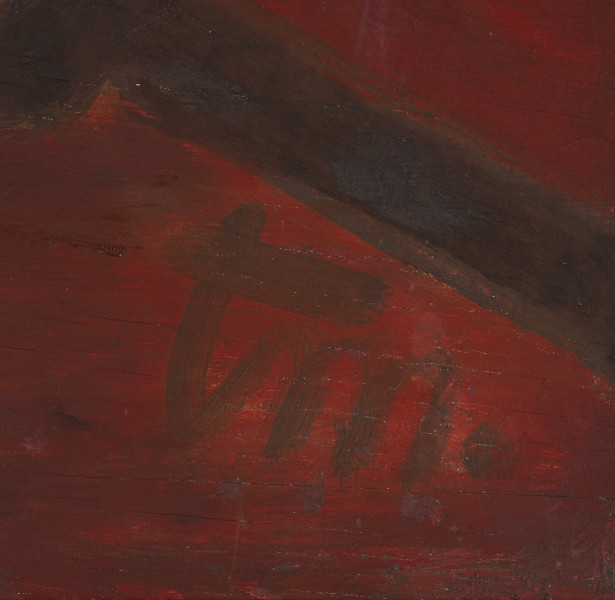 Ludobójcy - detal; Fragment prawego dolnego rogu obrazu. Na ciemnoczerwonym tle, czarną farbą napis tm.