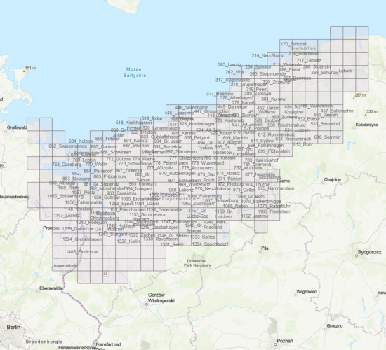 Przybliżona lokalizacja w geoportalu naniesionych nazw toponimów, dawnych nazw ludowych wskazanych na poniemieckiej mapie 975 Hammerstein I