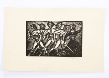 Scena figuralna nawiązująca do sztuki ludowej Podhala przedstawiająca grupę przedstawionych w rzędzie górali. Pierwszy z prawej z szablą w prawej dłoni, lewa uniesiona ponad głową, nogi w wykroku. Ubrany w ciemną sukmanę, za nim pięciu mężczyzn w góralskich strojach, w ich dłoniach strzelby. Mężczyźni w zróżnicowanych, niespokojnych pozach. Kompozycja zdominowana silnymi kontrastami bieli i czerni.
sygn. oł. pod ryc.p.: Wł. Skoczylas