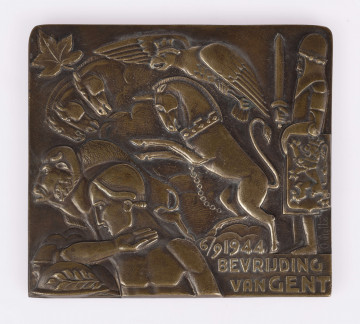 H/305/MRK/ML - Medal bity w brązie, na awersie symboliczna scena przedstawiająca dwoch wojownikow i dynamiczną grupę fantastycznych zwierząt szykujących sie do skoku; na rewersie napis Honor dla naszych wyzwolicieli (po angielsku)