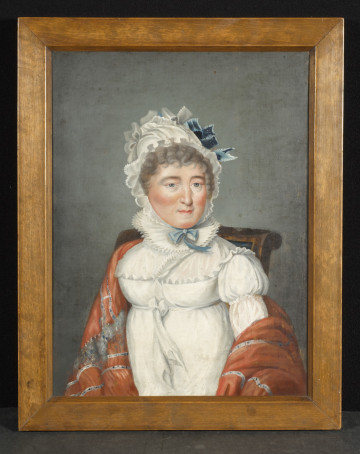 Obraz olejny na płótnie przedstawiający portret księżnej w starszym wieku. Portretowana z charakterystycznym poważnym spojrzeniem, ukazana w ujęciu do pasa i lekkim zwrocie ciała w prawo (en trois quarts). Twarz mocno podkreślona pudrem o różowym odcieniu. Księżna siedzi na krześle, ubrana w empirową biało - szarą suknię z wysoka talią, ramiona okrywa czerwony szal zdobiony wzorami z pasów. Głowa ozdobiona dobranym kolorystycznie czepkiem z ciemnoniebieską wstążką i kokardkami. 
