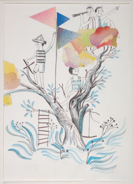 kolaż - Praca w kolorach (różne odcienie): niebieskim, czarnym, brązowym, żółtym, czerwonym, różowym (fioletowym). Przedstawienie czterech chłopców na drzewie, na którego pniu widnieje brązowy napis BURZA. Postacie chłopców, drzewo (dwa pnie oraz gdzieniegdzie liście), drabina zwisająca z gałęzi u dołu, kwiaty oraz trawy - narysowane, podmalowane ekoliną (seledynowoniebieska), także namalowane (liny drabiny, kwiaty); elementy korony drzewa - to naklejone różnokolorowe elementy wycięte z papieru, z plamkowaniami farbami. Widoczny także stojący na ukośnie rosnącym jednym pniu duży maszt (farba) z trzema trójkątnymi flagami (elementy naklejone). Chłopiec stojący na pniu, znajdujący się najbardziej po lewej, ma na głowie czapkę (farby, miejscowo kredka; to dziecięca czapka z pozaginanej odpowiednio kartki papieru), widoczny jest na niej napis: TYTUŁ; jeden z dwóch chłopców znajdujących się na szczycie drzewa, tj. u góry po prawej, ma lunetę (farba) przy oku.