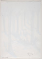 kolaż - Przedstawienie płaczącego chłopca (postać narysowana ołówkiem, paski na koszulce podmalowane ekoliną), siedzącego na głazie, z podkulonymi nogami. Po prawej na głazie - również koszyk z trzema grzybami. Głaz i koszyk w kolorach czarnym i różowym (różne odcienie; ołówek, ekolina), kosztyk także brązowy (kredka). Wokół - rzadkie drzewa (czerń, brąz - ołówek i kredka) z wielobarwnymi koronami (elementy naklejone; brak uwidocznienia górnej granicy korony drzew). Dolna część karty, poza głazem i koszykiem - w tonacji kolorystycznej głównie seledynowej i czarnej.