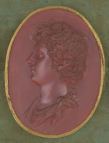 Czerwona owalna gemma ze złotym obramowaniem. Lewy profil młodego mężczyzny z krótkimi kręconymi włosami, u dołu widoczny fragment szaty.
