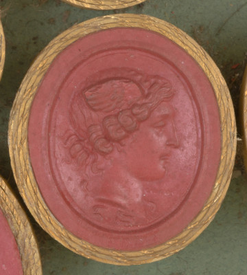 czerwona owalna gemma w grubym złotym obramowaniu, prawy profil kobiety o włosach spiętych w kok i z widocznym skrzydłem we włosach, poniżej wijące się węże