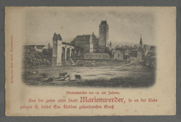 Pocztówka czarno biała, w kadrze poziomym, otoczona po bokach i od dołu jasnym, szerokim marginesem. U dołu nadrukowany na czerwono napis Marienwerder vor ca. 120 Jahren. Aus der guten alten Stadt Marienwerder, so an der Liebe gelegen ist, sendet Ew. Liebden gehorsamsten Gruss. Z lewego boku napis Verlag von Emil Groll, Marienwerder. Kartka przedstawia panoramę Kwidzyna od strony Wisły. Na pierwszym planie szeroka połać łąki i pól uprawnych. Bliżej lewej krawędzi pasące się stado siedmiu krów. Za nimi niskie ogrodzenie i kilkanaście drzew rosnących w rzędzie. Nieco wyżej zwarty kompleks kilku budynków. Dominującym elementem jest czworoboczna, wysoka wieża przykryta spadzistym dachem, z dekoracyjnym, schodkowym szczytem od frontu. Połączona jest długim, murowanym gankiem, wspartym na wysokich podporach, z położoną nieco dalej bryłą zamku i katedry. Po prawej stronie katedry wysoka, czteroboczna, zadaszona wieża. Na prawo od zamku i katedry zabudowa miasta z widoczną w tle smukłą wieżą.