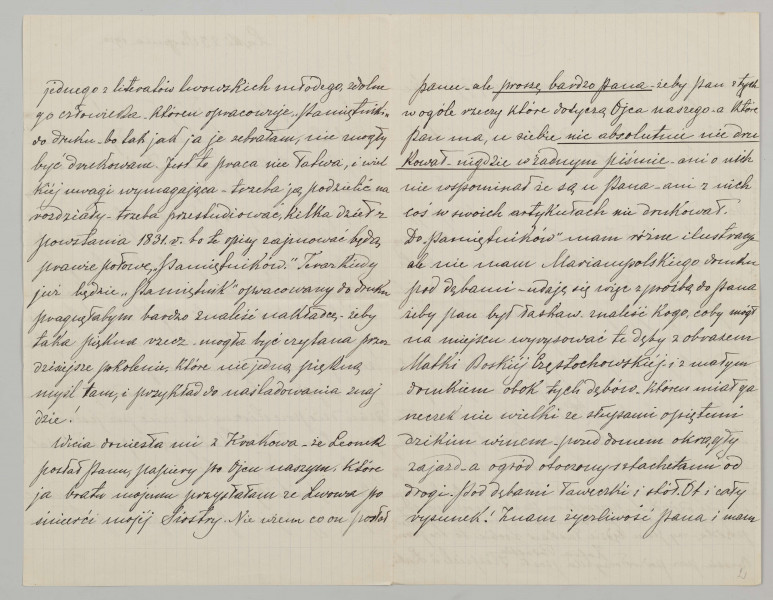 List na papierze kratkowanym, składa się z dwóch kartek (4 strony), wszystkie strony zapisane pismem czytelnym, pochylonym w prawą stronę, czarnym atramentem. Na stronie 3 podkreślone fragmenty.
