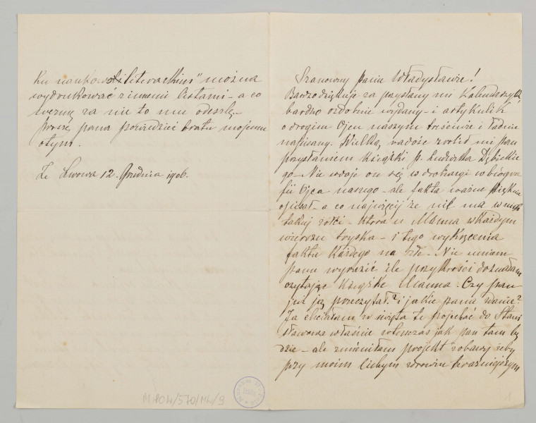 List sporządzony na czterech stronach, ostatnia zapisana w 1/3, na papierze kratkowanym, pismem czytelnym, pochylonym w prawą stronę.

