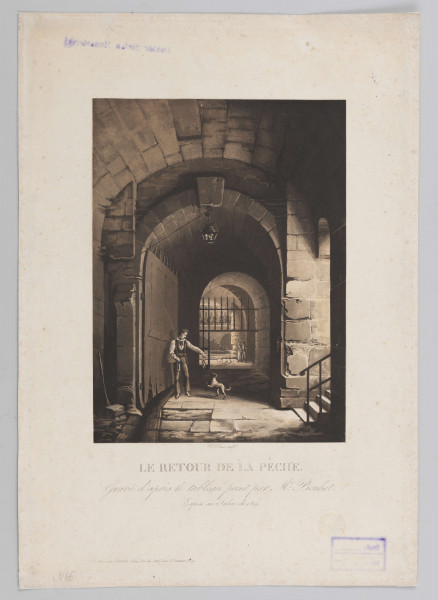 Scena rodzajowa przedstawiająca mężczyznę z psem wracającego z połowu ryb. Na prawym ramieniu niesie kosz i wędkę, lewą rękę z wiązką ryb wyciąga w kierunku podskakującego z radości pieska. W tle śreniowieczna architektura: przesklepiona kolebkowo brama otwarta na oświellony słońcem fragment dziedzińca.