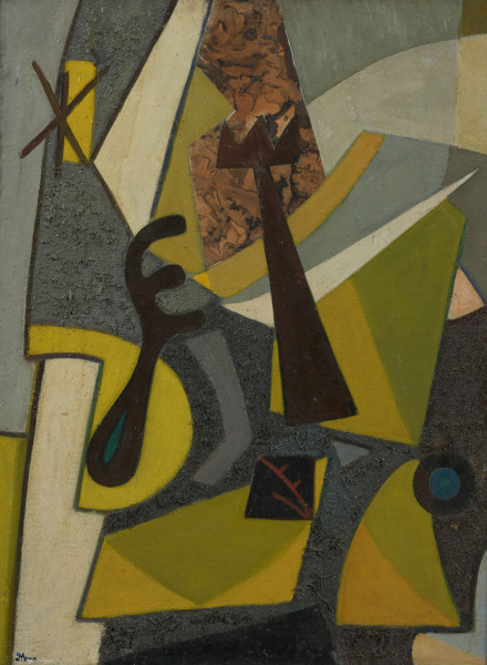 obraz - ujęcie z przodu; Kompozycja abstrakcyjna układu zgeometryzowanych form. Nad dolną krawędzią czarny trójkąt wpisany w szarą prostokątną płaszczyznę o gruzełkowatej fakturze. Przedłużeniem prostokątnej jest skierowana w górę płaszczyzna łącząca się w środkowej części obrazu z płaszczyzną szarości po lewej stronie. Przy lewej krawędzi obrazu wydłużona forma pionowa zgaszonej bieli przerwana pośrodku płaszczyzną szarości, z wpisaną w szarość kolistą płaszczyzną żółci. Tło układów środkowej części obrazu stanowi wypełniający wysokość trójkąt równoramienny ciepłych zieleni i zgaszonych żółci. Na nim u góry wklejona płaszczyzna papieru zadrukowanego 